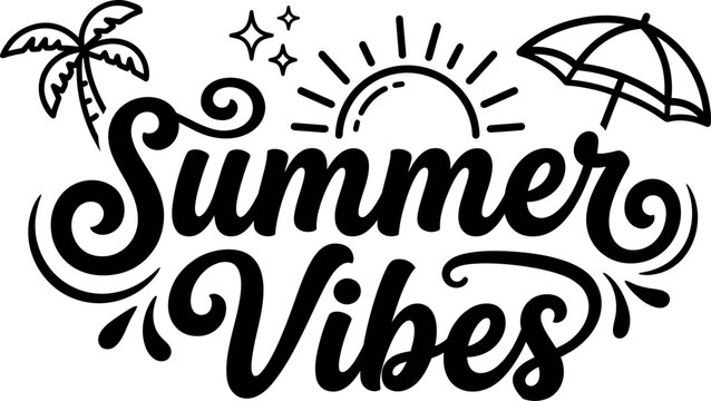 Summer vibes text with palm tree and umbrella