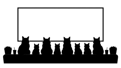 Plakat Silhouette of many cats sitting and watching a large cinema movie screen at home isolated on transparent background