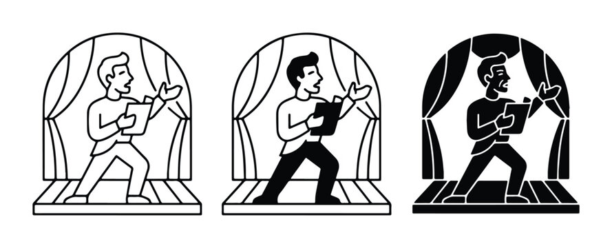 Theater actor performing on stage vector set, male singer or orator with script in hand, black and white drama performance icons for arts and culture