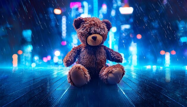 teddy bear in a cyberpunk city neon lights and rain falling on blue lights background