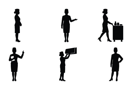 Flight attendant silhouette collection, set of 6 airline stewardess vector icons, professional cabin crew silhouettes for aviation and travel design