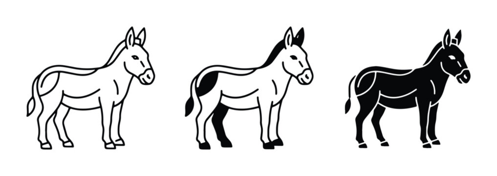 Minimalist donkey vector icons set, black and white farm animal illustrations, standing burro line art and silhouette graphics for logo design