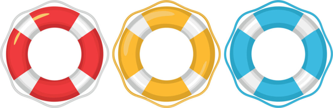 Colorful lifebuoy vector set with red yellow and blue inflatable rings, glossy summer beach safety icons for pool rescue and vacation design
