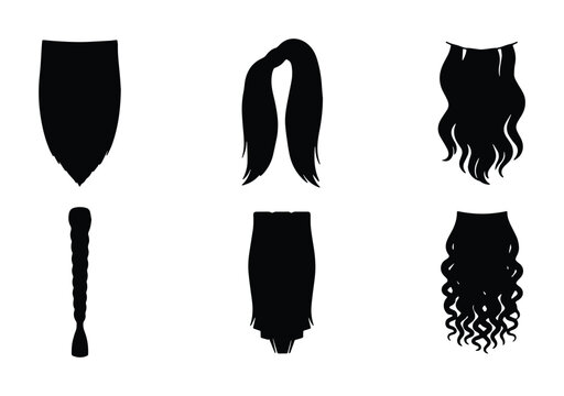 Black hair extensions silhouette set, 6 wig and weave styles, long wavy and straight hair vector