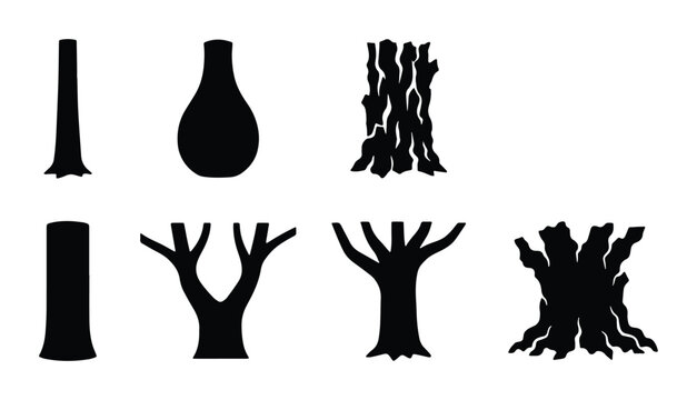 Minimalist tree trunk silhouettes, set of 7 black wood bark and stump icons, organic timber shapes for forestry and nature design, vector botanical elements