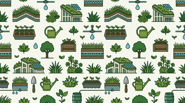 Green roof system icons and sustainable gardening symbols arranged in a seamless repeating pattern for architectural branding use.