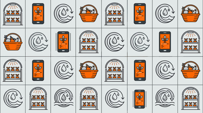 Hydroponic farming technology icons and sustainable food symbols arranged in a sophisticated seamless repeating pattern for tech