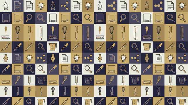 Seamless pattern of scientific and culinary icons in a checkerboard design