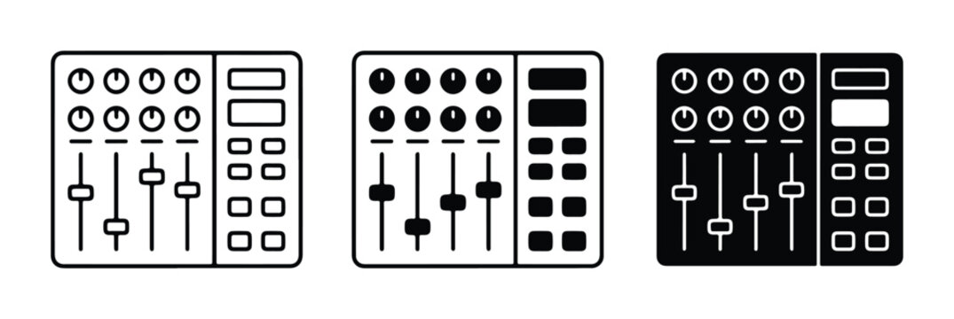 Professional audio mixer icons, sound board vector set, music studio equipment line art symbols