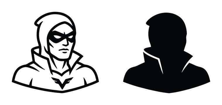 Superhero character vector icons, masked vigilante in hooded costume, black and white comic book hero silhouette set for gaming and esports logos