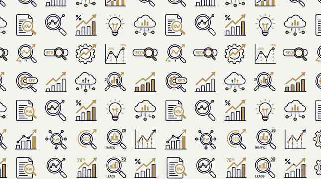 Keyword research icons and website analytics tools arranged in a sophisticated seamless repeating pattern for business themes.
