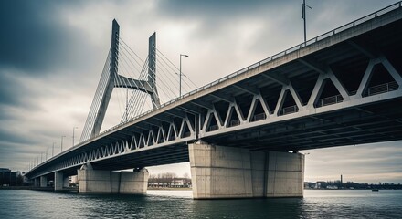Fototapeta premium Cable-stayed bridge construction featuring concrete pylons and steel support girders spanning over a wide river under a cloudy overcast sky showing modern civil engineering design infrastructure and u