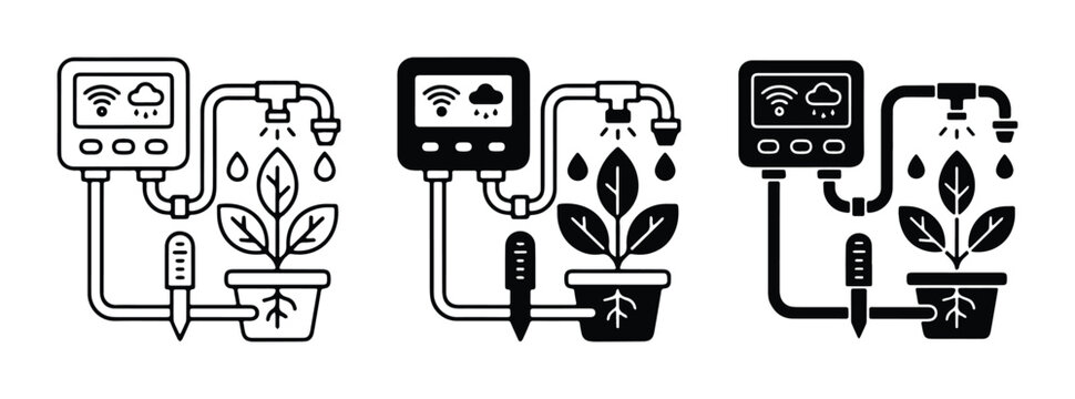 Smart irrigation system icons, automated plant watering technology vectors, digital garden monitoring sensors in line and silhouette styles