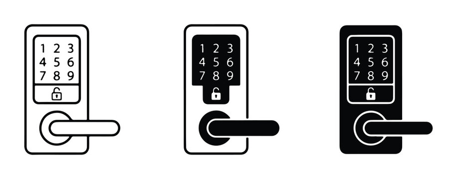 Smart digital door lock icons, electronic keypad handle set for home security, modern keyless entry system vector collection for real estate apps