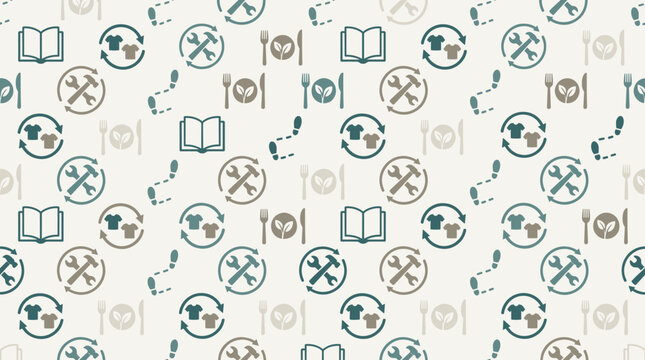 Sustainable lifestyle icons pattern: repair, recycle, eat green, learn, and walk