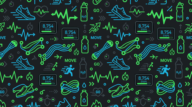 Movement optimization symbols and athletic routine icons forming a continuous seamless pattern for health technology and app