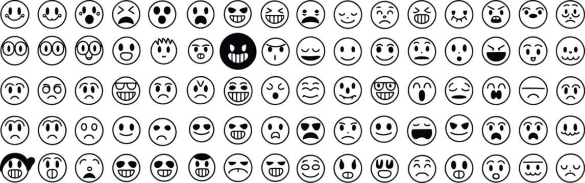 Cartoon faces with emotions, vector illustration of expressions, black and white icons, smiling frowning angry surprised designs