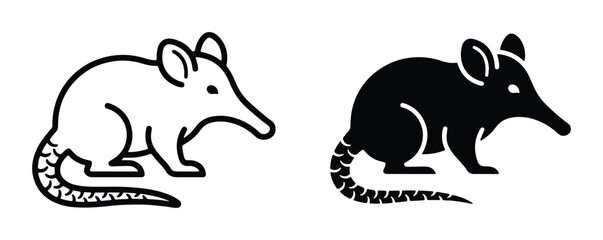 Obraz premium Minimalist bandicoot icon set, black and white marsupial vector illustrations, Australian wildlife line art and solid silhouette graphics