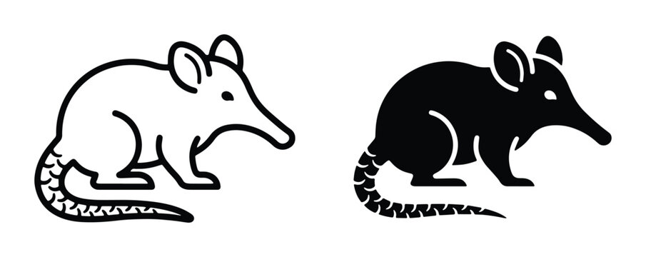 Minimalist bandicoot icon set, black and white marsupial vector illustrations, Australian wildlife line art and solid silhouette graphics