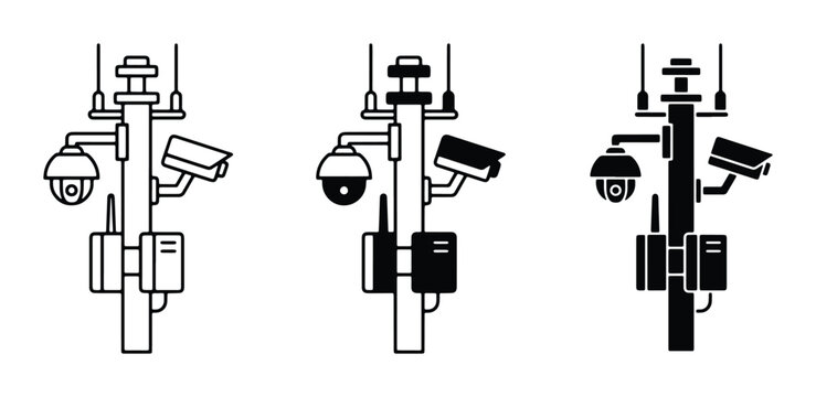 Security camera pole vector icons, surveillance system on utility post, smart city monitoring equipment set, CCTV observation technology graphics