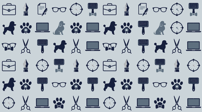 Pet grooming metaphors and animal system symbols arranged in a sophisticated seamless repeating pattern for corporate themes.
