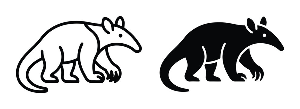Minimalist anteater vector icons, black and white tamandua line art, wild animal logo set