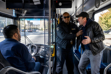 Naklejka premium Bus driver behind protective glass shield while security staff restrains aggressive passenger in realistic city bus cockpit, tense public transport safety scene, ultra realistic interior. 