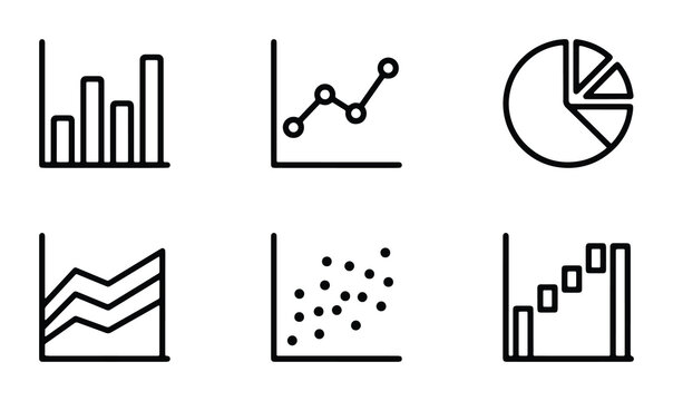 Minimalist business data visualization icons, set of 6 black line charts and graphs, professional financial analytics vector symbols for reports
