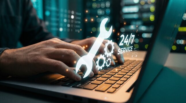 IT support and technical service concept with business professional using laptop, wrench and gear icons, 24/7 service assistance, system maintenance, and customer support technology 