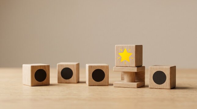 Outstanding performance concept with glowing star icon on wooden blocks among simple circle symbols, representing excellence recognition, top quality rating, and standout business achievement 