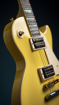 Bright yellow guitar gleams under soft lighting