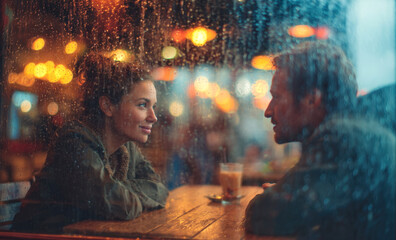 Fototapeta premium Romantic young couple looking at each other through a rainy window glass with water drops in a cozy cafe with warm yellow bokeh lights for love, dating and autumn evening atmospheric concept.