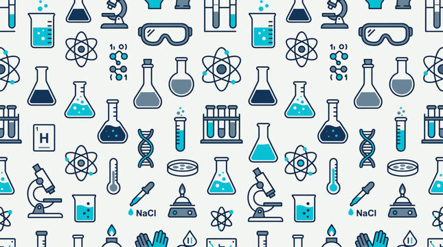 Science laboratory objects and research icons arranged in a seamless repeating pattern for scientific branding and wallpapers.