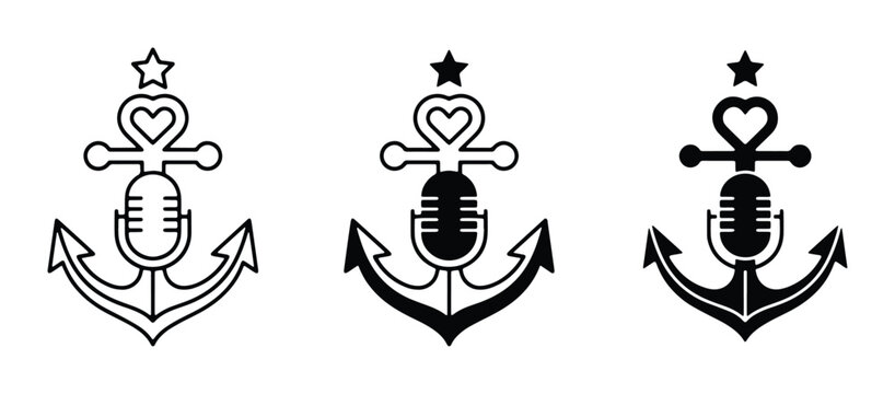 Nautical anchor and microphone logo set, podcast radio broadcast icons with heart and star details, black and white marine theme vector collection