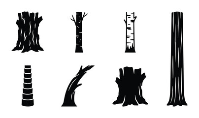 Minimalist tree trunk silhouettes set, black wood bark texture icons, 8 forest timber plant elements, organic wood log vector illustrations © Sanjida