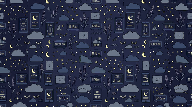 Sleep optimization symbols and nighttime routine icons forming a continuous seamless pattern for health technology and app
