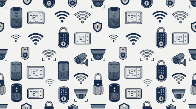 Smart home devices and digital technology icons arranged in a seamless repeating pattern for modern technology branding. Home tech