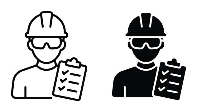 Industrial safety inspector vector icons, construction worker with checklist and hard hat, professional engineer site inspection symbols