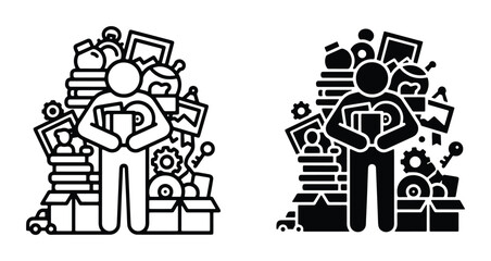 Hoarding disorder icon set, person with pile of clutter vector, compulsive hoarding concept art © Mahmuda