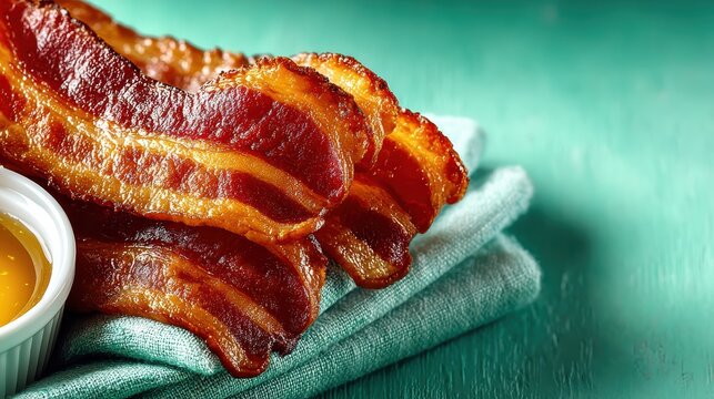 Bacon Slices on Minimalist Sage Green Background for a Delicious Breakfast or Brunch