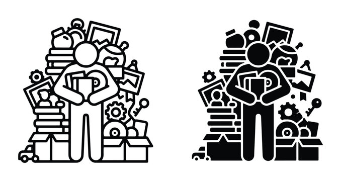 Hoarding disorder icon set, person with pile of clutter vector, compulsive hoarding concept art