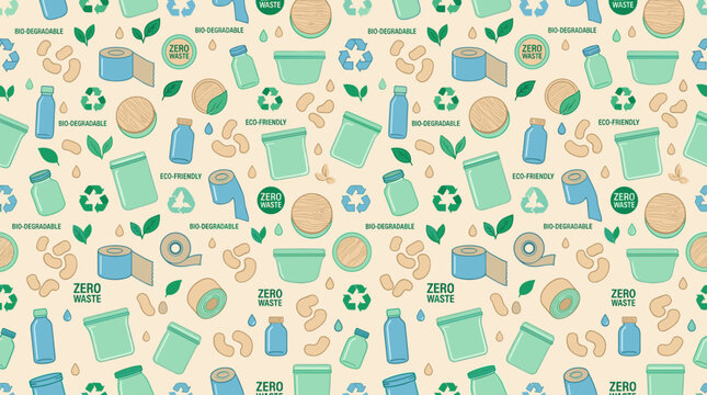Bio-degradable material components and sustainable product symbols forming a continuous seamless pattern for environmental