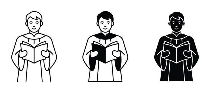 Church choir singer icons, male vocalist in robes holding a songbook, religious choral performer vector set for church music and worship programs