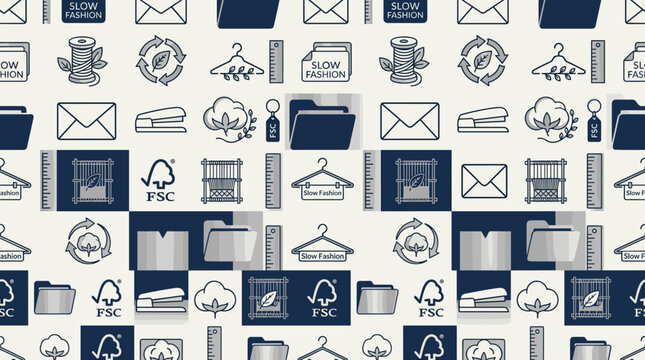 Sustainable textile icons and slow fashion symbols arranged in a sophisticated seamless repeating pattern for professional themes.