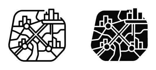 Data mapping icons in outline and solid styles, geographic information system visualization, city analytics and urban planning vector graphics © Lima