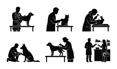 Veterinary clinic silhouette icons, professional veterinarian examining pets, set of 6 animal healthcare vector illustrations for vet hospital signage