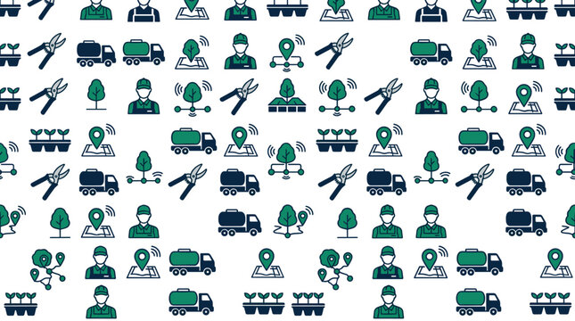 Modern resilience icons and sustainable city symbols arranged in a sophisticated seamless repeating pattern for municipal themes.