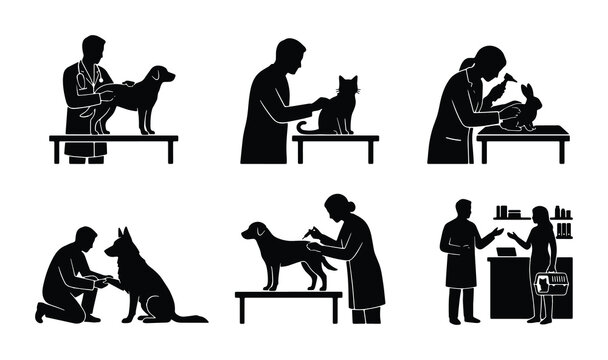 Veterinary clinic silhouette icons, professional veterinarian examining pets, set of 6 animal healthcare vector illustrations for vet hospital signage