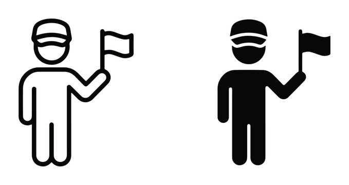Tour guide icon set with man holding flag, travel leader line and solid vector symbols, tourist group coordinator sign for navigation and sightseeing