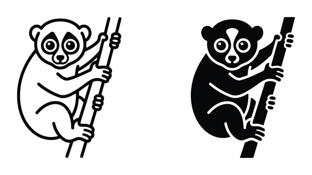 Slow loris vector icon set, cute primate climbing a branch in outline and silhouette styles, exotic nocturnal animal mascot for wildlife conservation